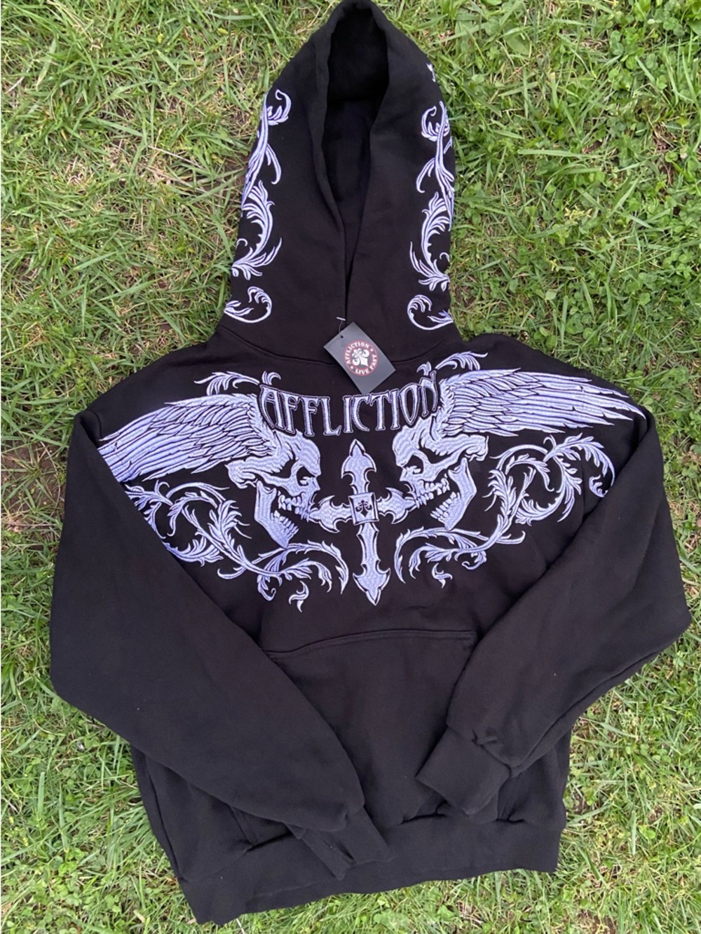 Affliction Black Pullover Hoodie with White Winged Skull Graphic - Picture 2 of 8